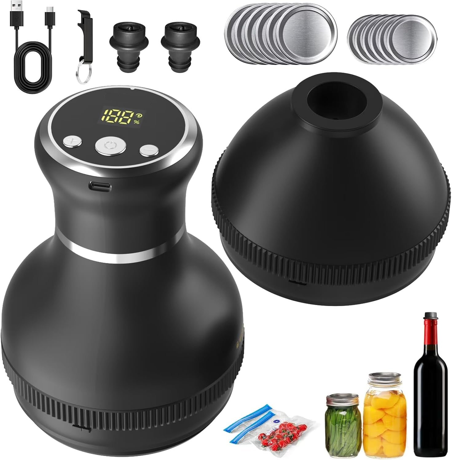 Elektrisches Mason Jar Vakuumversiegelungs-Kit - Kompatibel mit breiten & normalen Einmachdeckeln, beinhaltet Vakuumversiegelungsbeutel & Weinverschlüsse für die Lebensmittelaufbewahrung & -konservierung