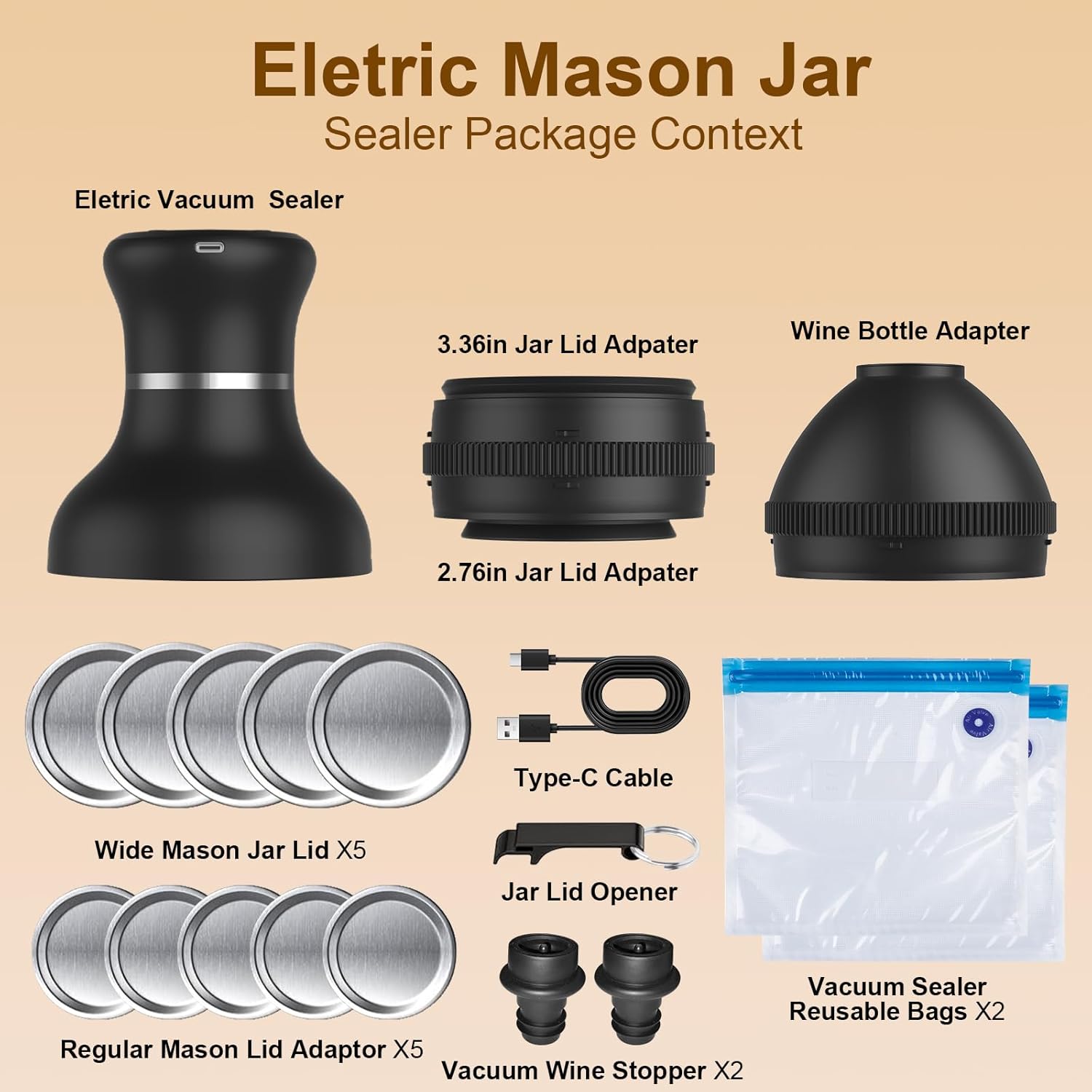Elektrisches Mason Jar Vakuumversiegelungs-Kit - Kompatibel mit breiten & normalen Einmachdeckeln, beinhaltet Vakuumversiegelungsbeutel & Weinverschlüsse für die Lebensmittelaufbewahrung & -konservierung