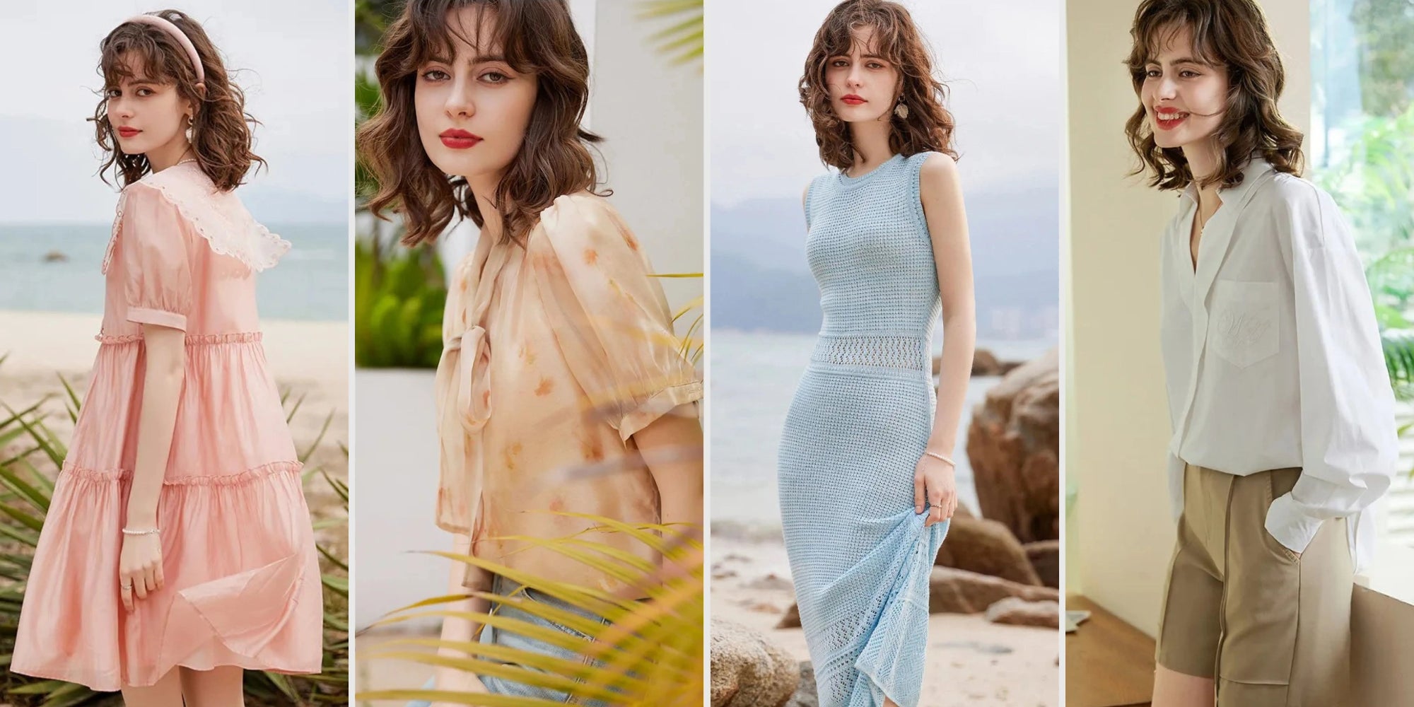 Frau präsentiert vier Outfits: rosa Babydoll-Kleid am Strand, pfirsichfarbene Blumenbluse, hellblaues gestricktes Maxikleid und weiße Bluse mit Shorts.