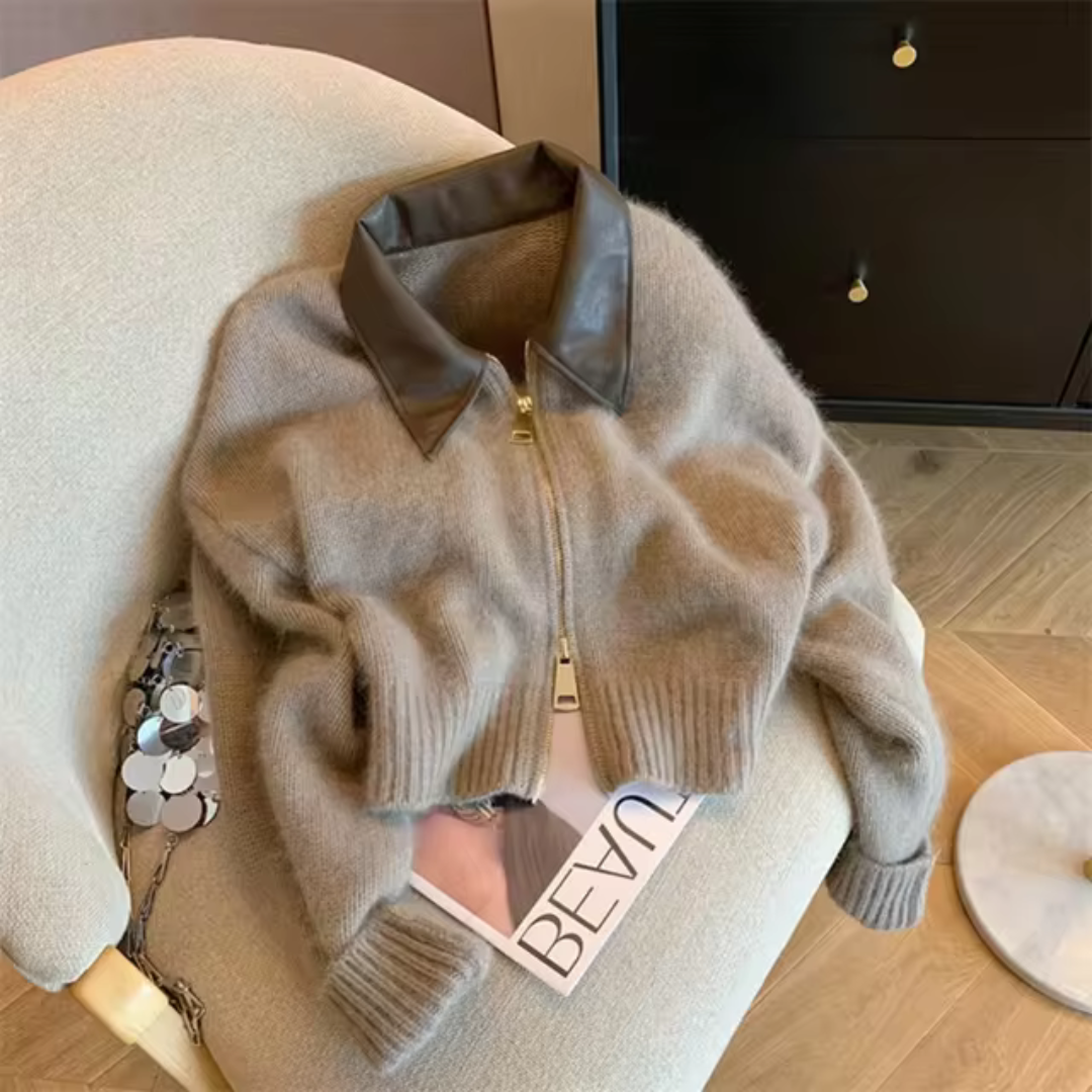Bellaso Jacke | Elegante Jacke aus gespaltenem Leder mit Strick und Doppelreißverschluss