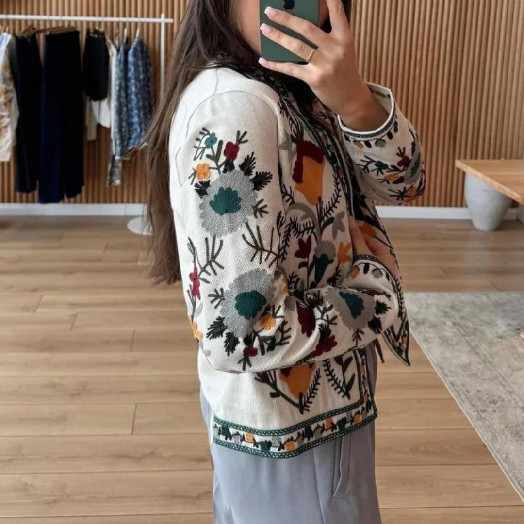 Bellaso Jacke | Vintage Jacke mit Langem Ärmel und Blumenmuster